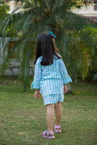 Thumbnail for Embroidered White & Blue Chevron Block Print Girl Co-ord Set