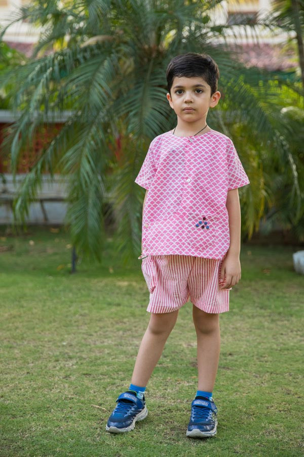 Pink Scale & Stripes Block Print Cotton Boy Co-ord Set