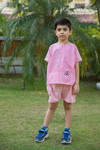 Thumbnail for Pink Scale & Stripes Block Print Cotton Boy Co-ord Set