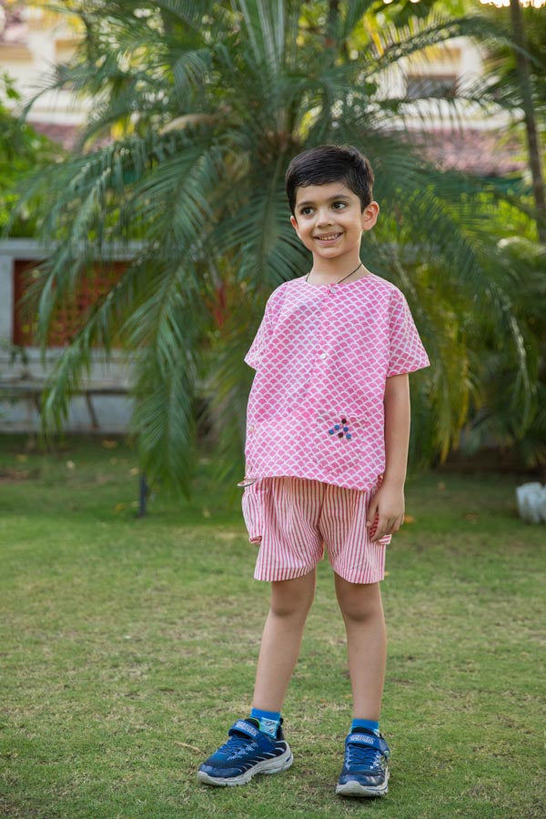 Pink Scale & Stripes Block Print Cotton Boy Co-ord Set