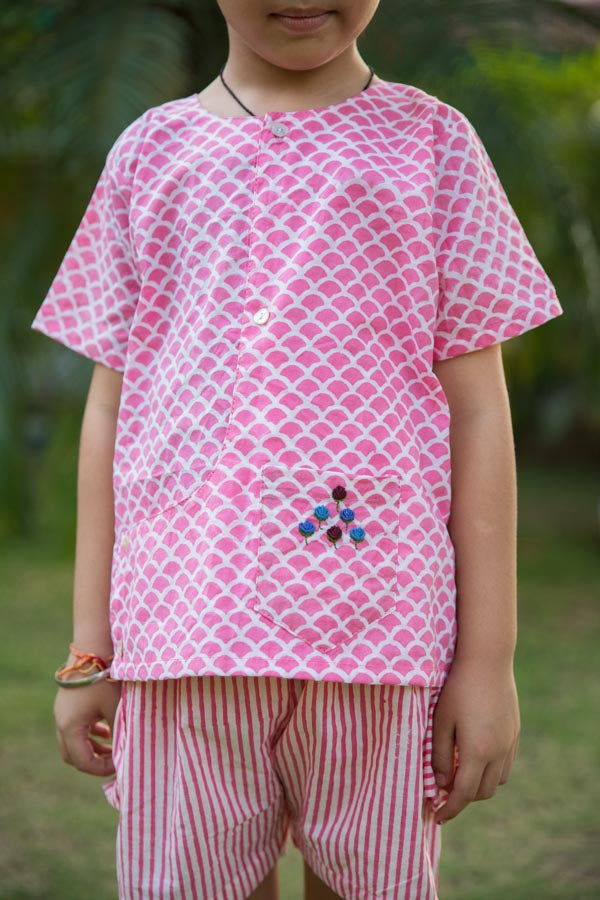 Pink Scale & Stripes Block Print Cotton Boy Co-ord Set