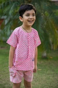 Thumbnail for Pink Scale & Stripes Block Print Cotton Boy Co-ord Set