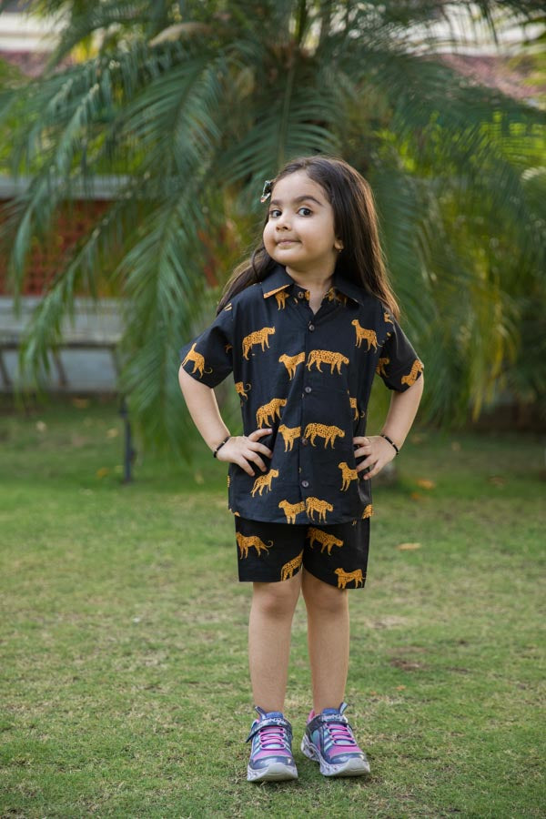 Black Cheetah Print Shirt Shorts Girl Co-ord Set