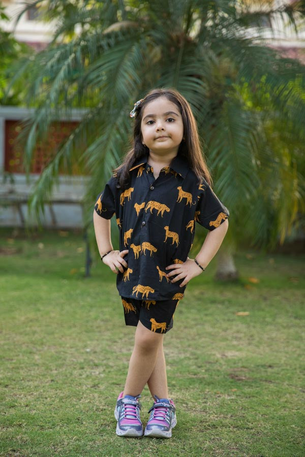 Black Cheetah Print Shirt Shorts Girl Co-ord Set