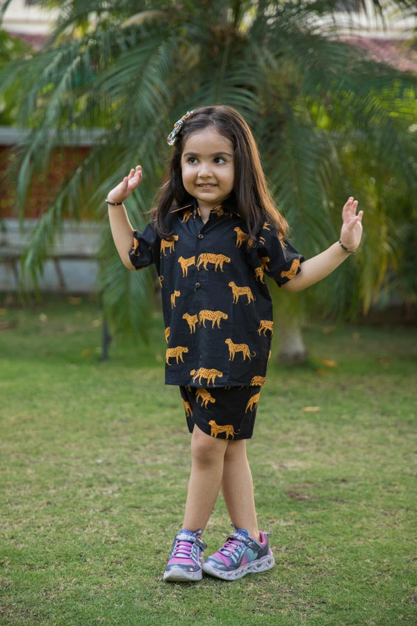 Black Cheetah Print Shirt Shorts Girl Co-ord Set