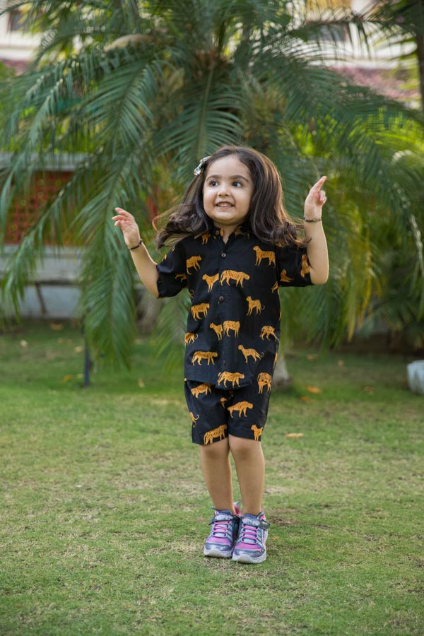 Black Cheetah Print Shirt Shorts Girl Co-ord Set