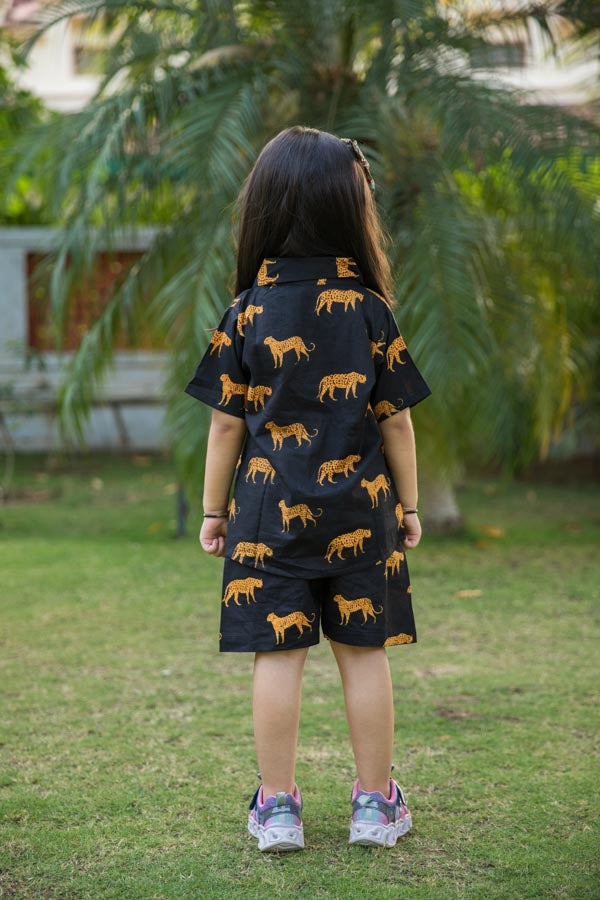 Black Cheetah Print Shirt Shorts Girl Co-ord Set