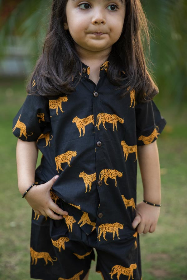 Black Cheetah Print Shirt Shorts Girl Co-ord Set
