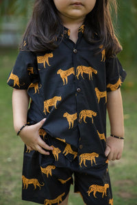 Thumbnail for Black Cheetah Print Shirt Shorts Girl Co-ord Set