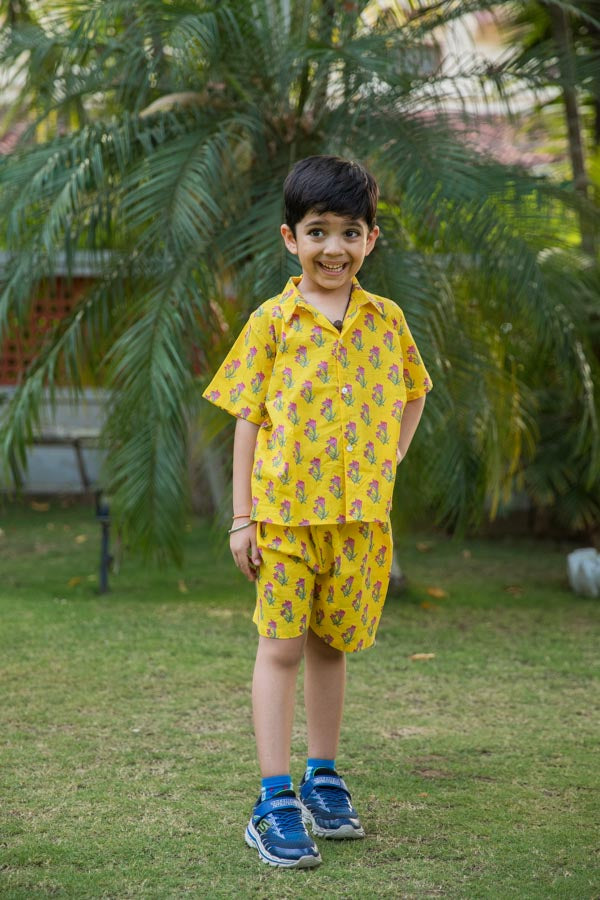 Sunshine Yellow Floral Print Shirt Shorts Boy's Co-ord Set