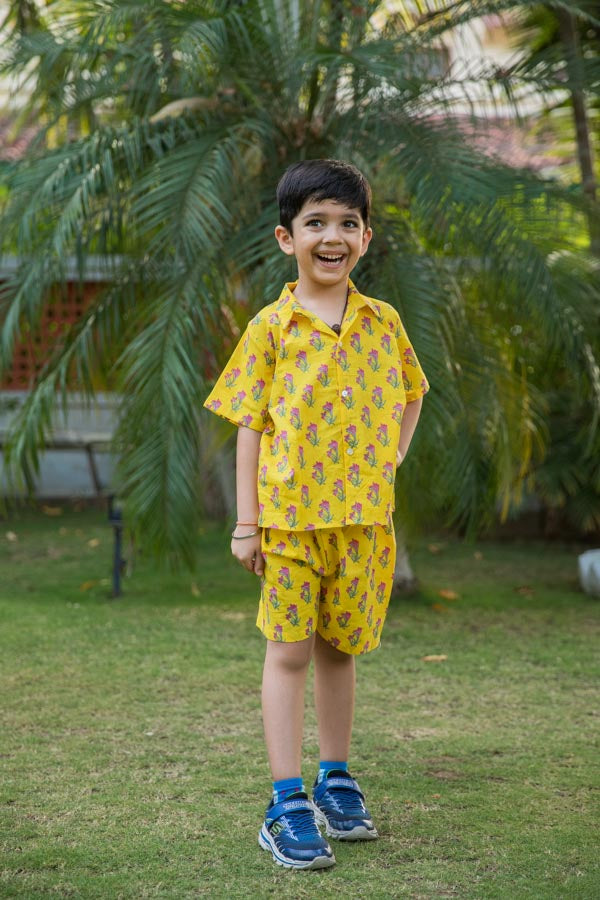 Sunshine Yellow Floral Print Shirt Shorts Boy's Co-ord Set
