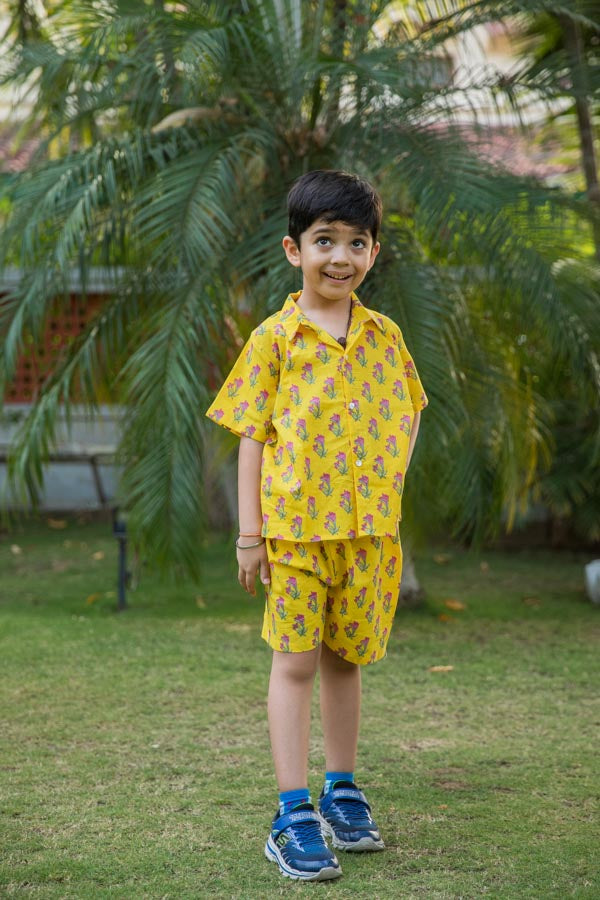 Sunshine Yellow Floral Print Shirt Shorts Boy's Co-ord Set