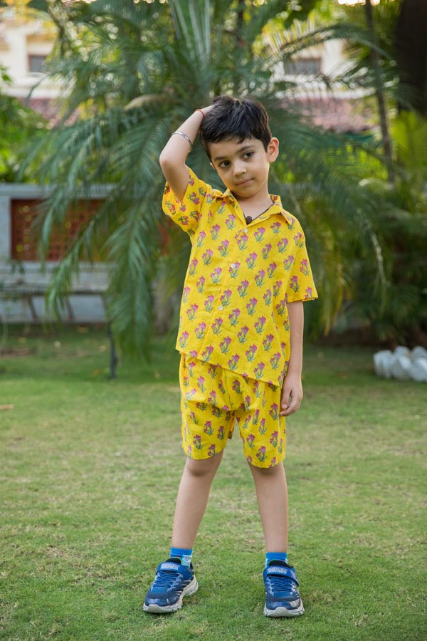 Sunshine Yellow Floral Print Shirt Shorts Boy's Co-ord Set