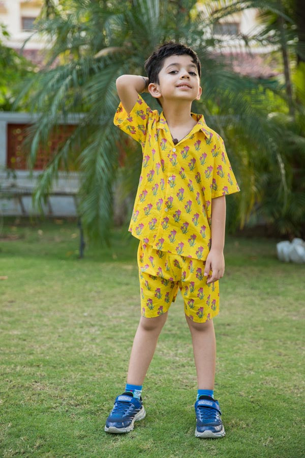 Sunshine Yellow Floral Print Shirt Shorts Boy's Co-ord Set