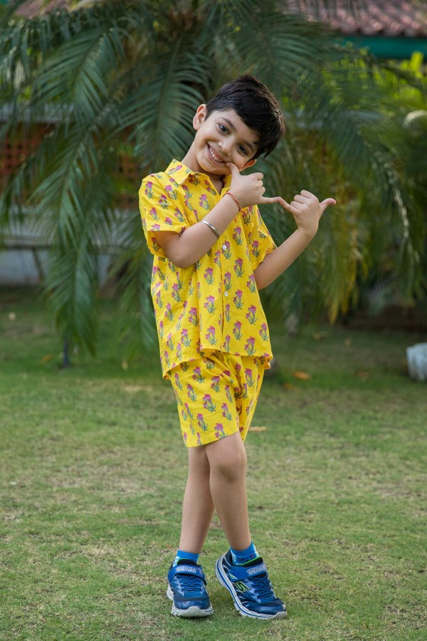 Sunshine Yellow Floral Print Shirt Shorts Boy's Co-ord Set