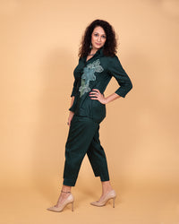 Thumbnail for Bottle green embroidered coord set