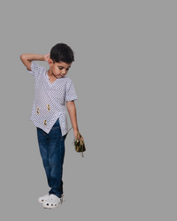 Thumbnail for Blue Polka Dot Cotton Block Print Embroidered Shirt For Boys
