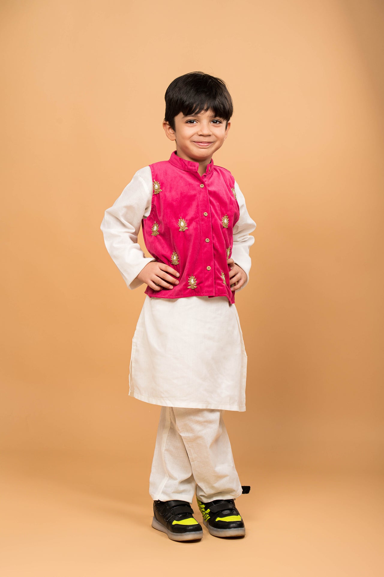 Fuchsia Pink White Hand Embroidered Kurta Pyjama Boy’s Jacket Set