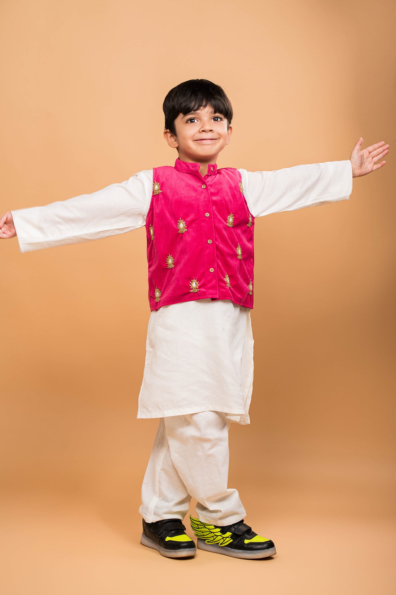 Fuchsia Pink White Hand Embroidered Kurta Pyjama Boy’s Jacket Set