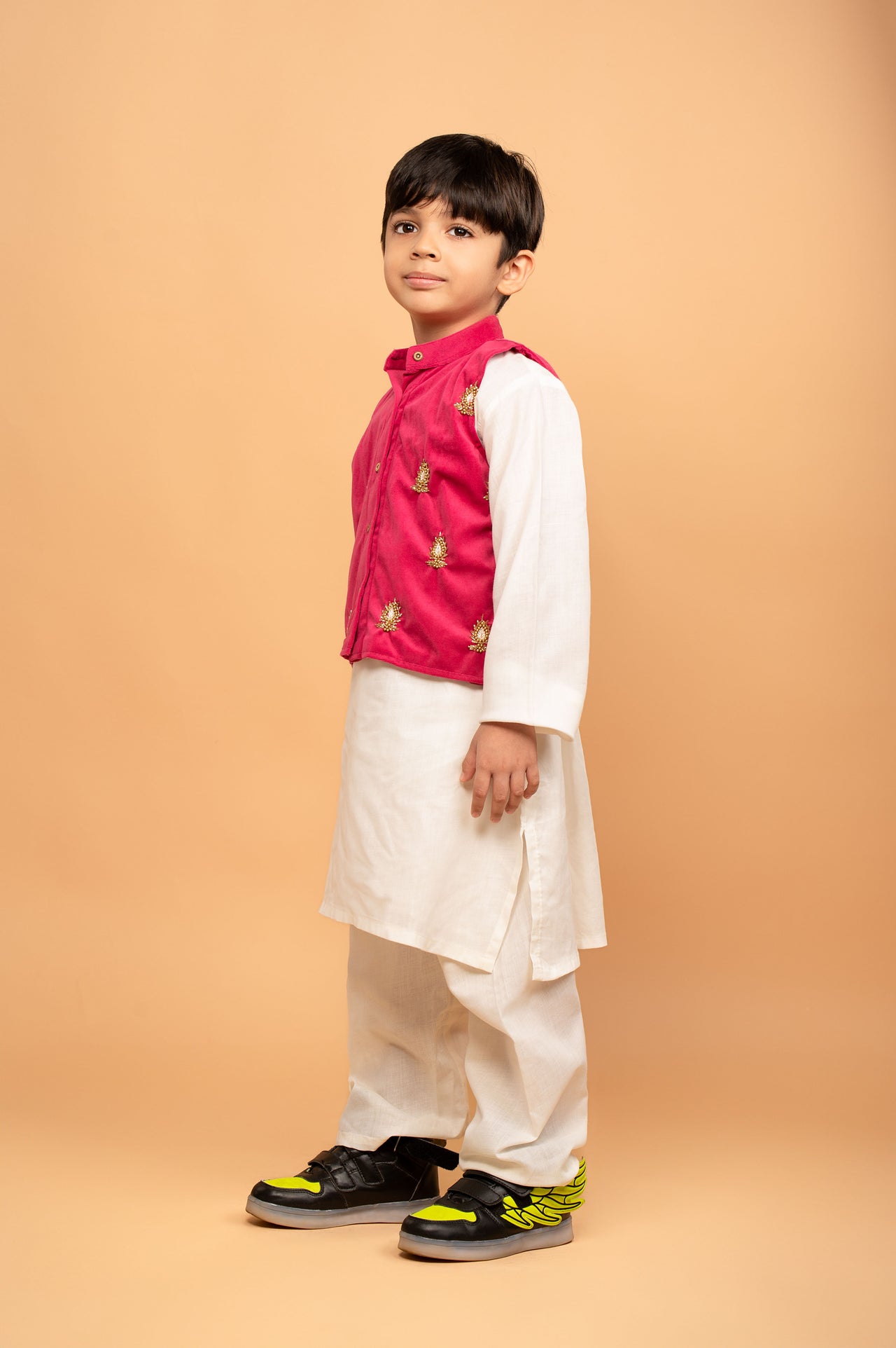 Fuchsia Pink White Hand Embroidered Kurta Pyjama Boy’s Jacket Set