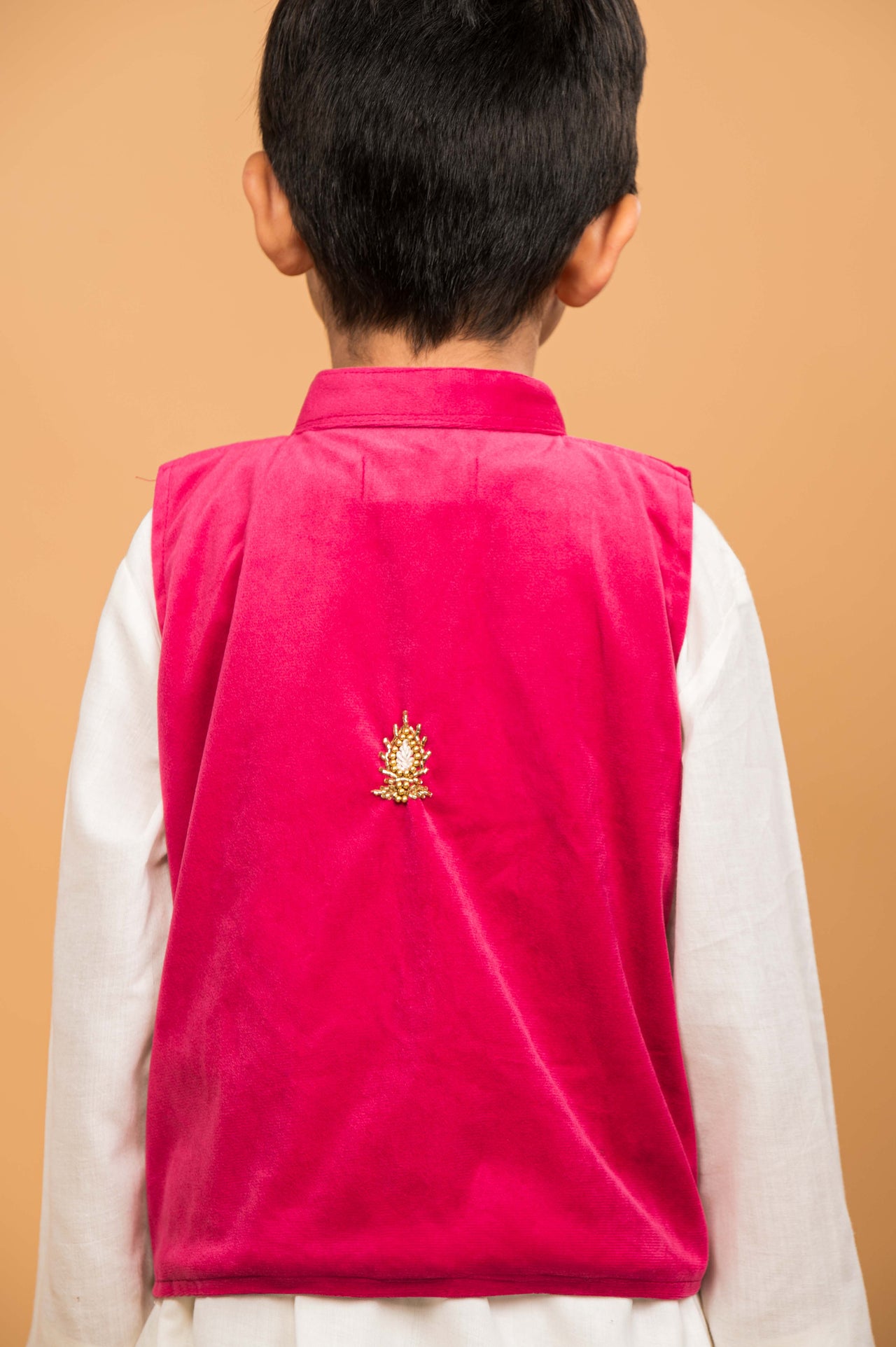 Fuchsia Pink White Hand Embroidered Kurta Pyjama Boy’s Jacket Set