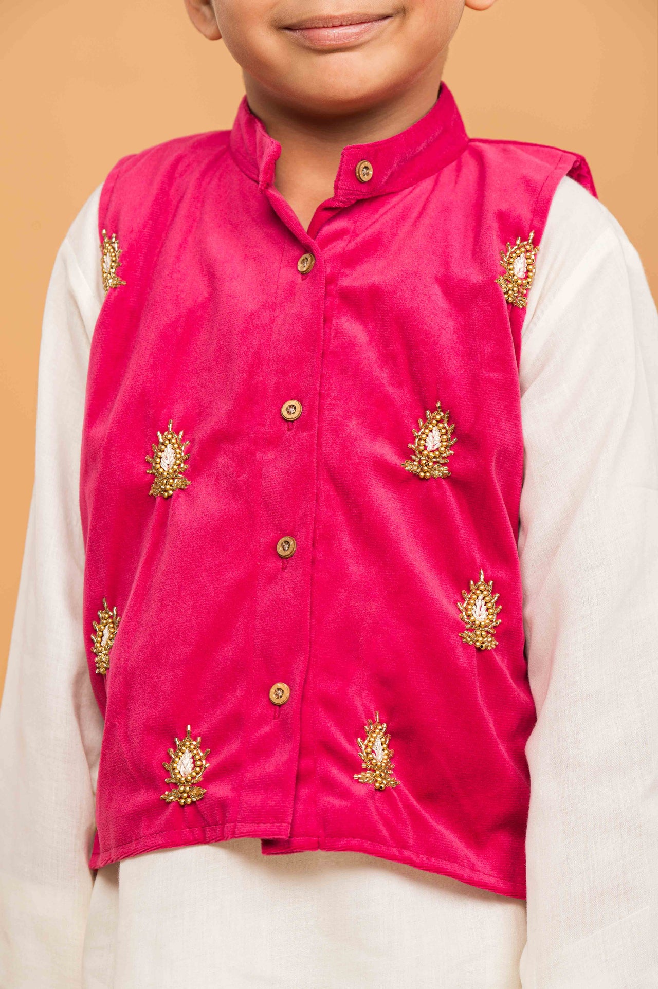 Fuchsia Pink White Hand Embroidered Kurta Pyjama Boy’s Jacket Set