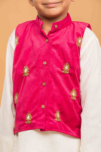 Thumbnail for Fuchsia Pink White Hand Embroidered Kurta Pyjama Boy’s Jacket Set