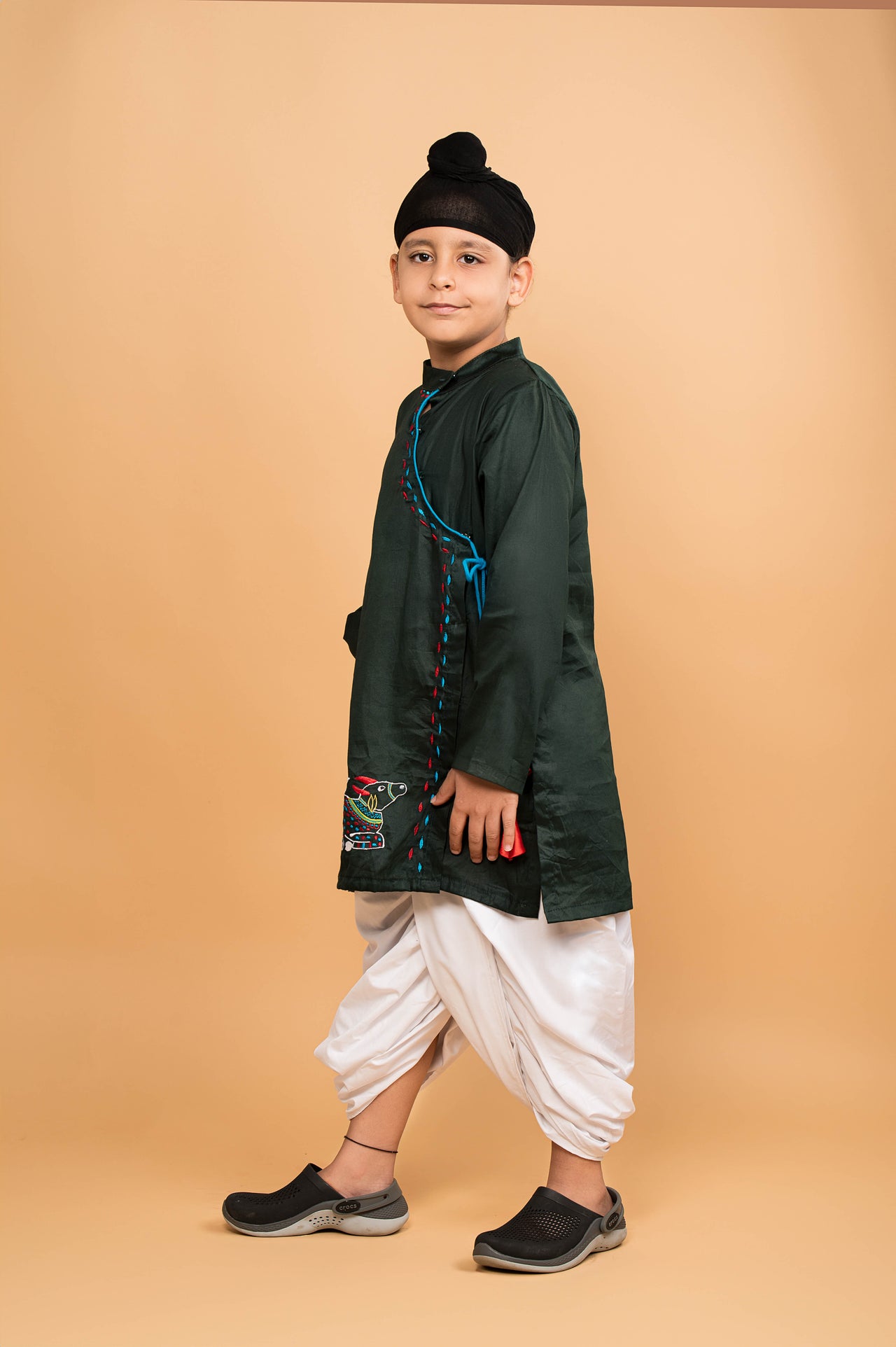 Green embroidered angrakha kurta dhoti set