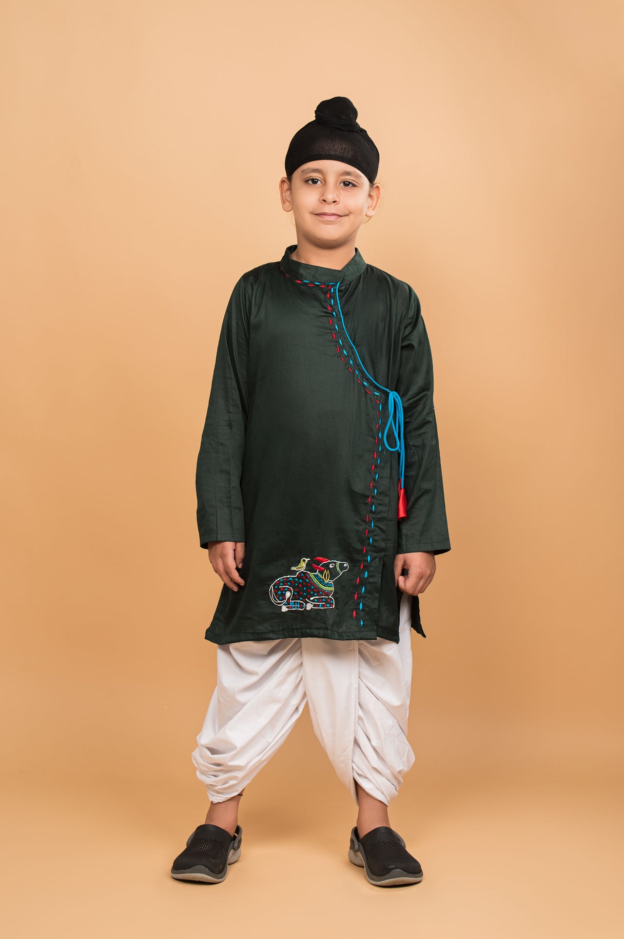 Green embroidered angrakha kurta dhoti set