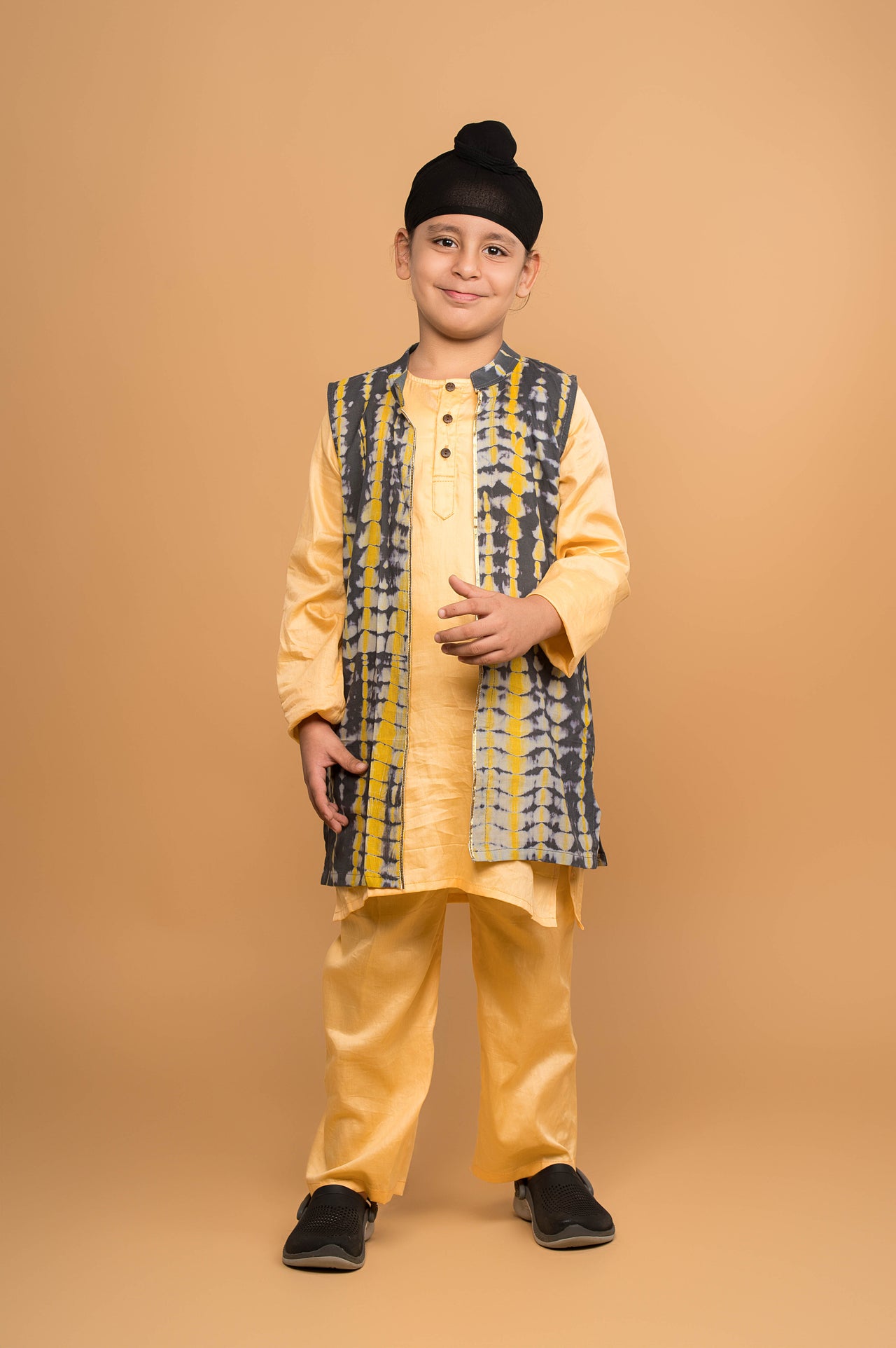 Solid yellow and shibori kurta jacket set