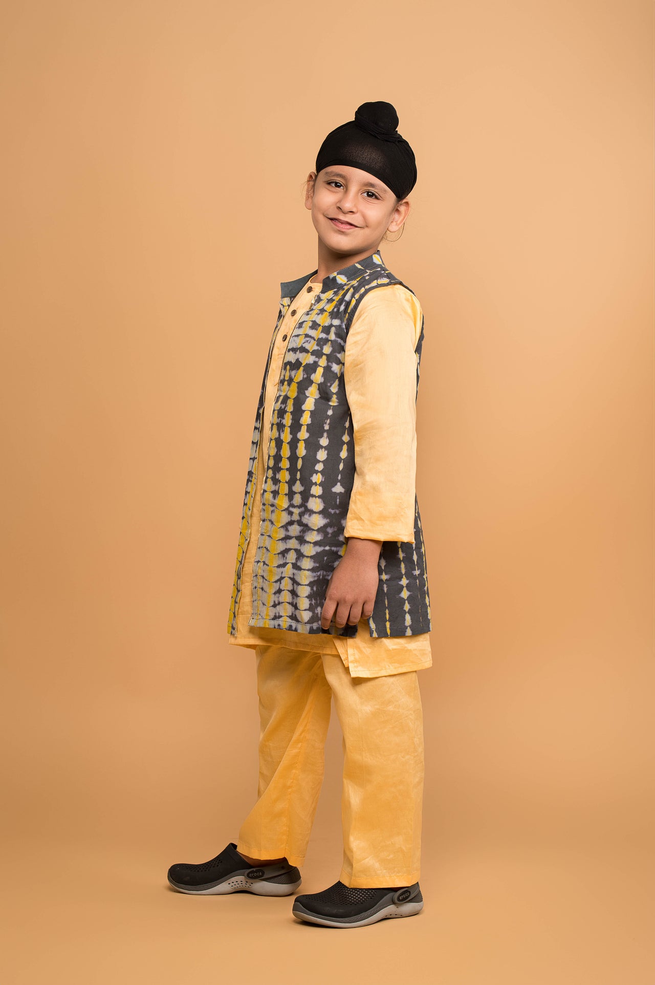 Solid yellow and shibori kurta jacket set