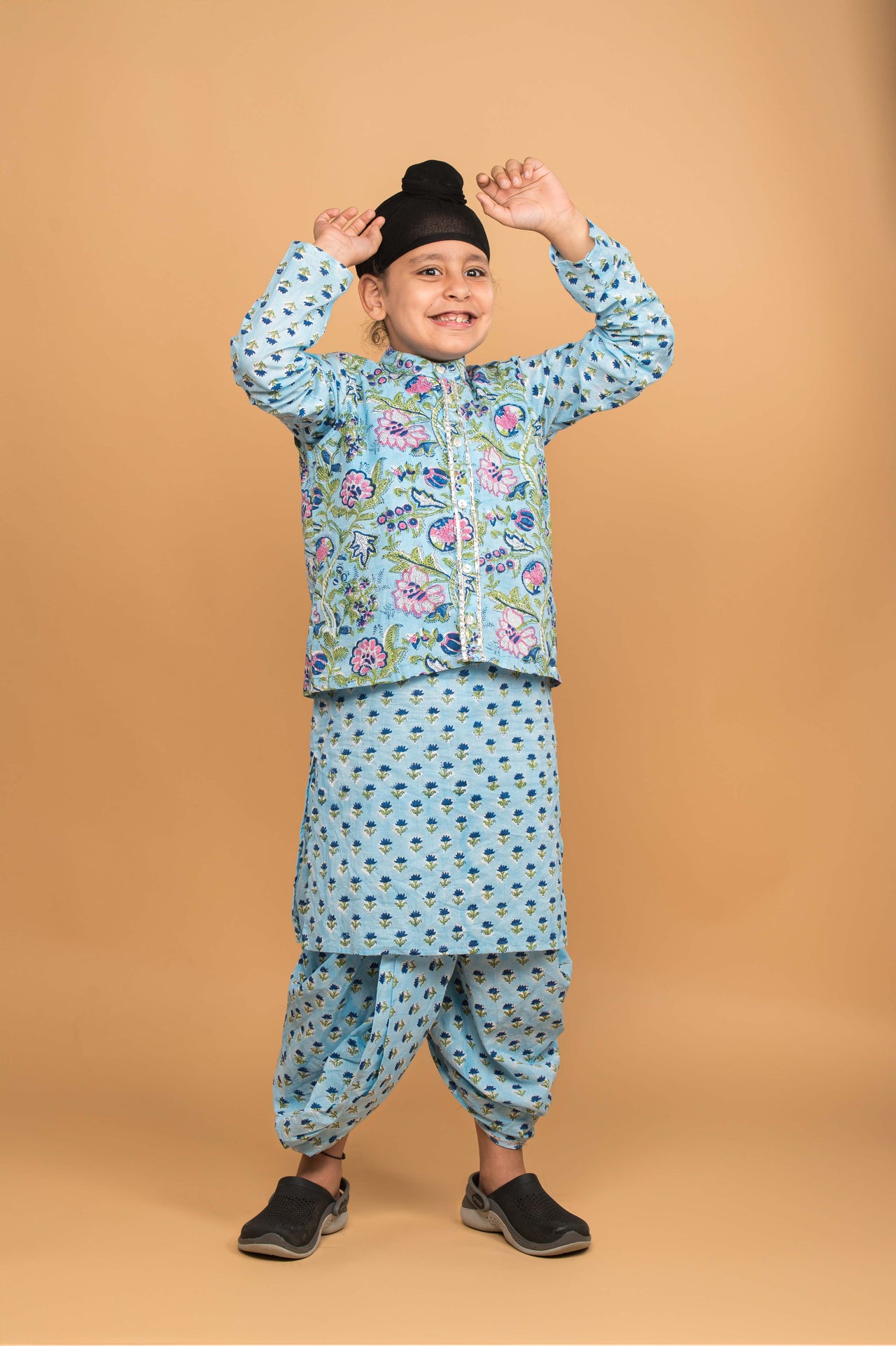 Three Piece Powder Blue Cotton Block Print Traditional Dhoti Kurta Jacket Set For Boys