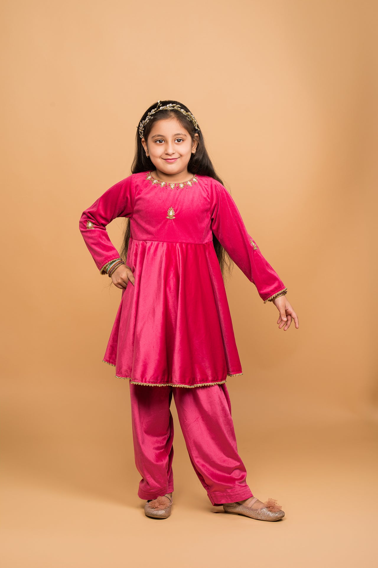 Fuchsia Velvet Peplum Kurta And Salwar Hand Embroidered Set For Girls