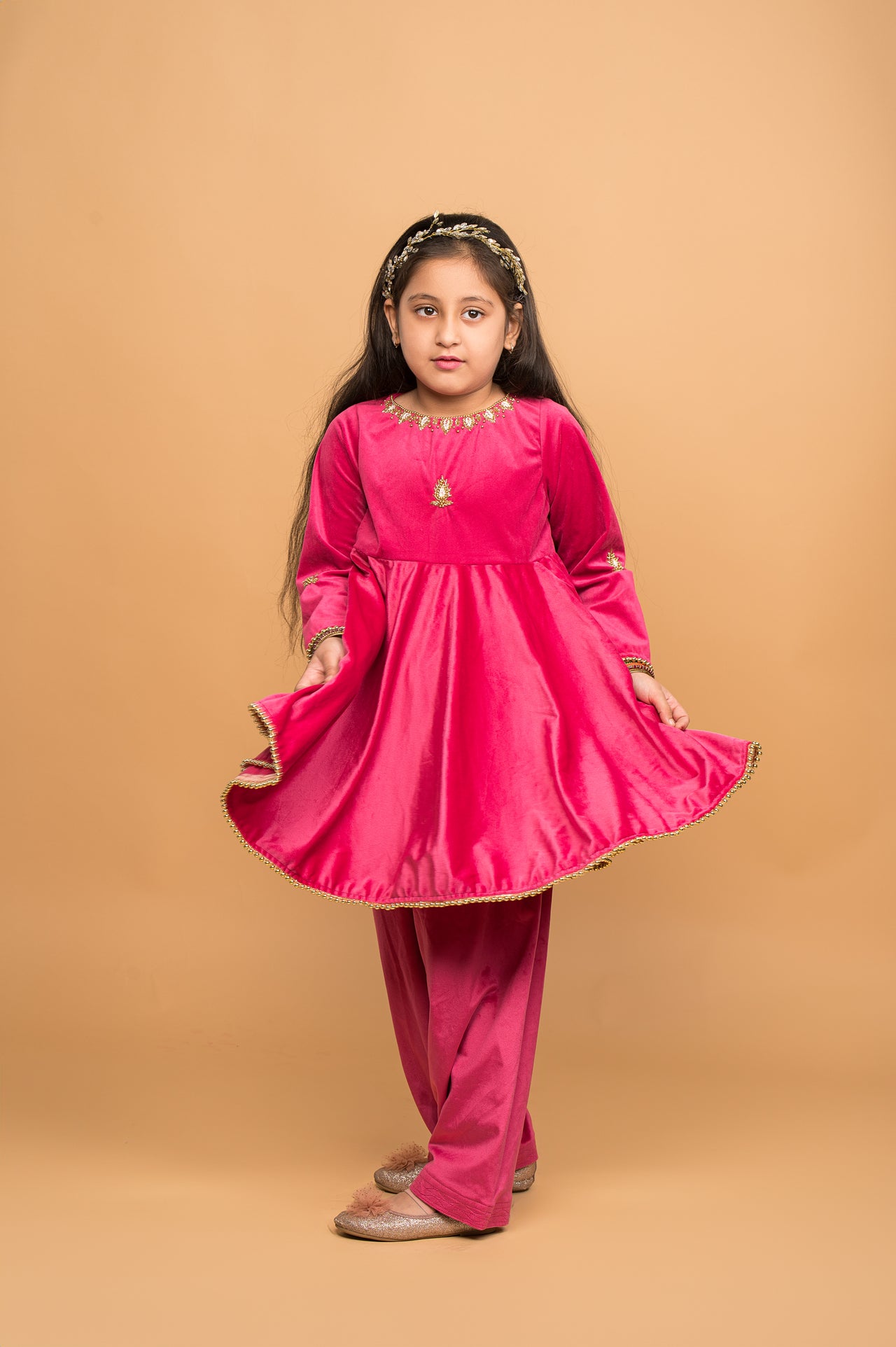 Fuchsia Velvet Peplum Kurta And Salwar Hand Embroidered Set For Girls