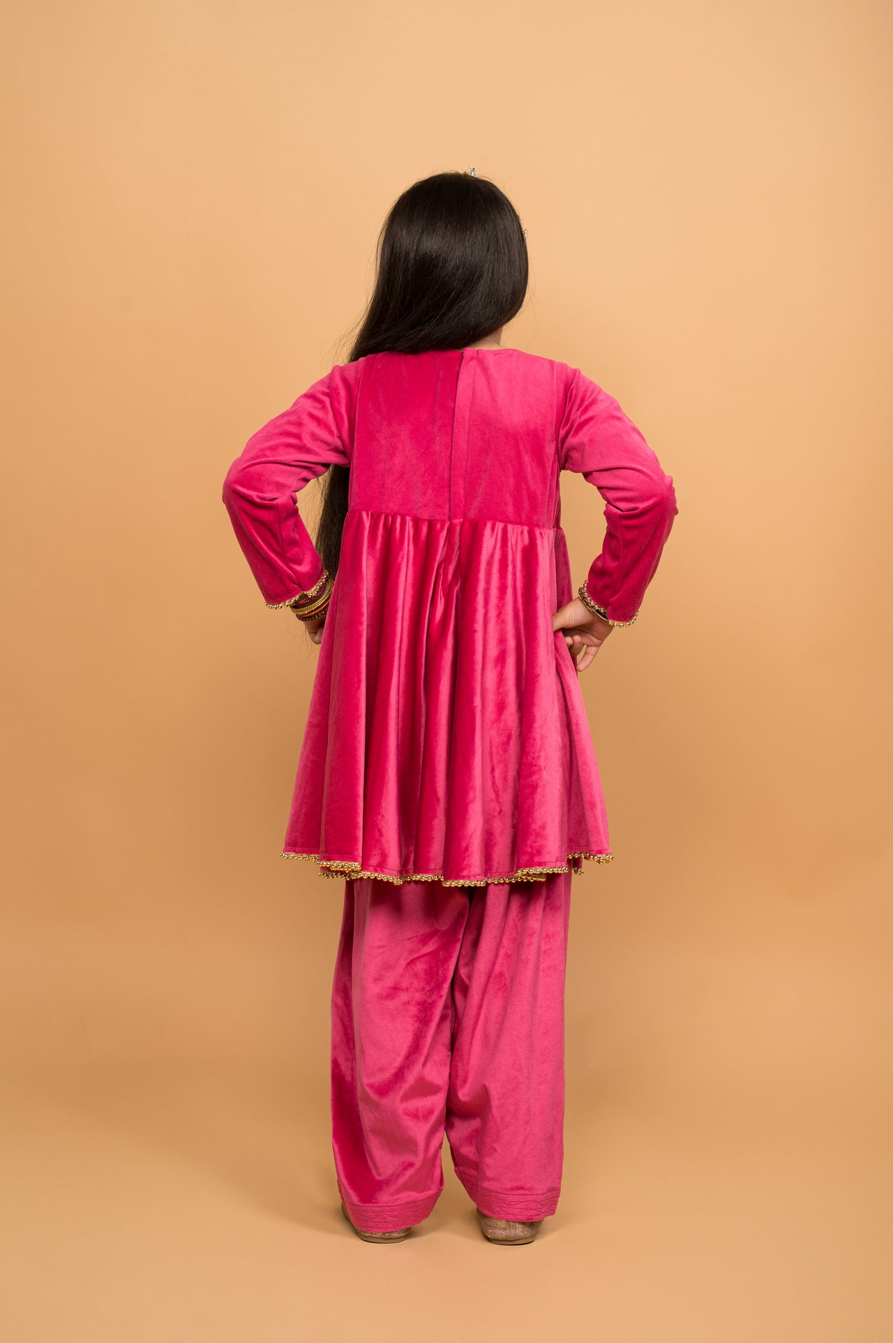 Fuchsia Velvet Peplum Kurta And Salwar Hand Embroidered Set For Girls