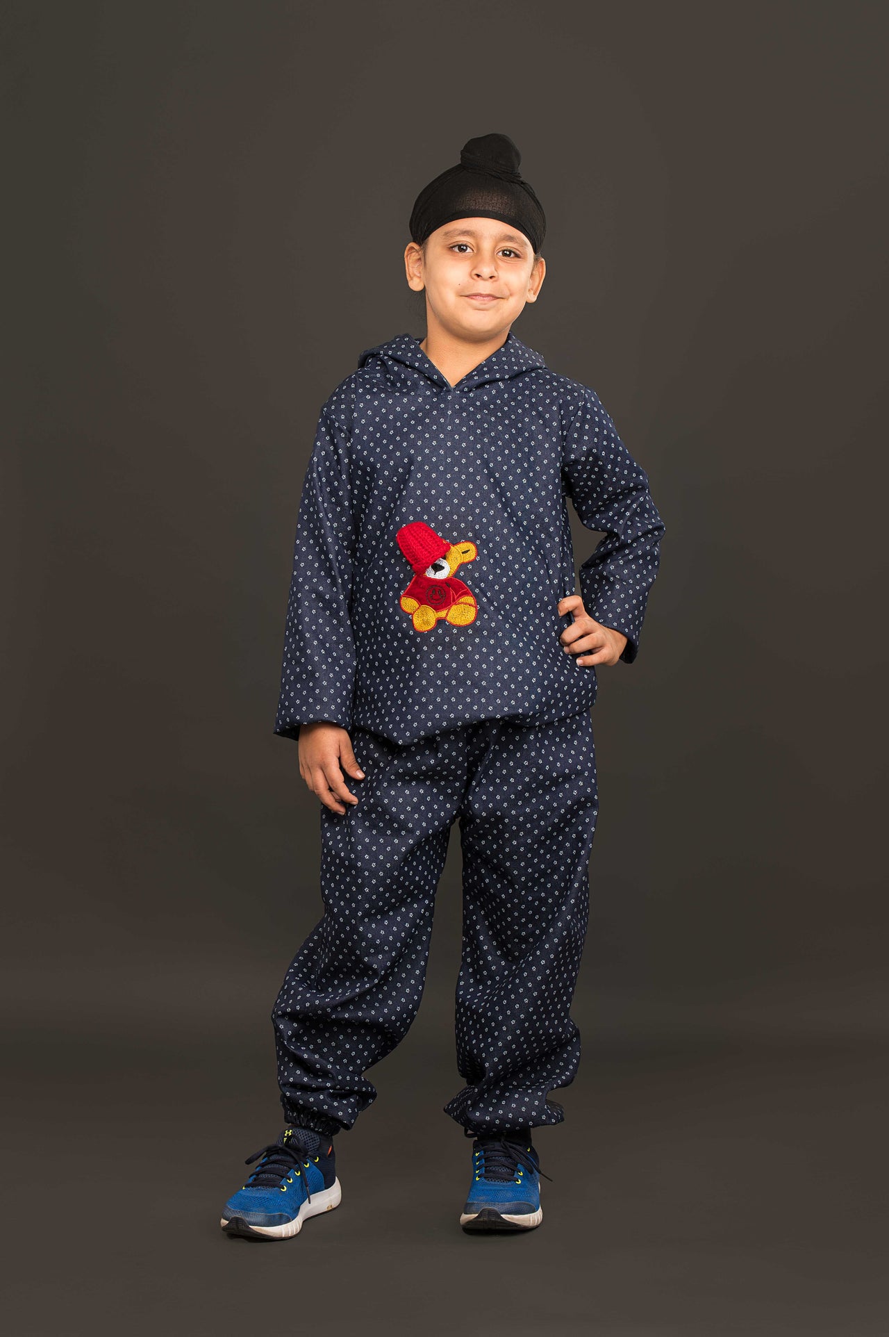 Blue Printed Laycra Denim Teddy Emroydri Unisex hoodie Co-ord Set