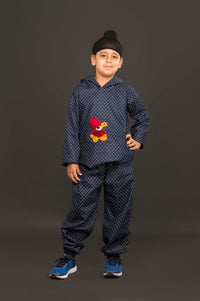 Thumbnail for Blue Printed Laycra Denim Teddy Emroydri Unisex hoodie Co-ord Set