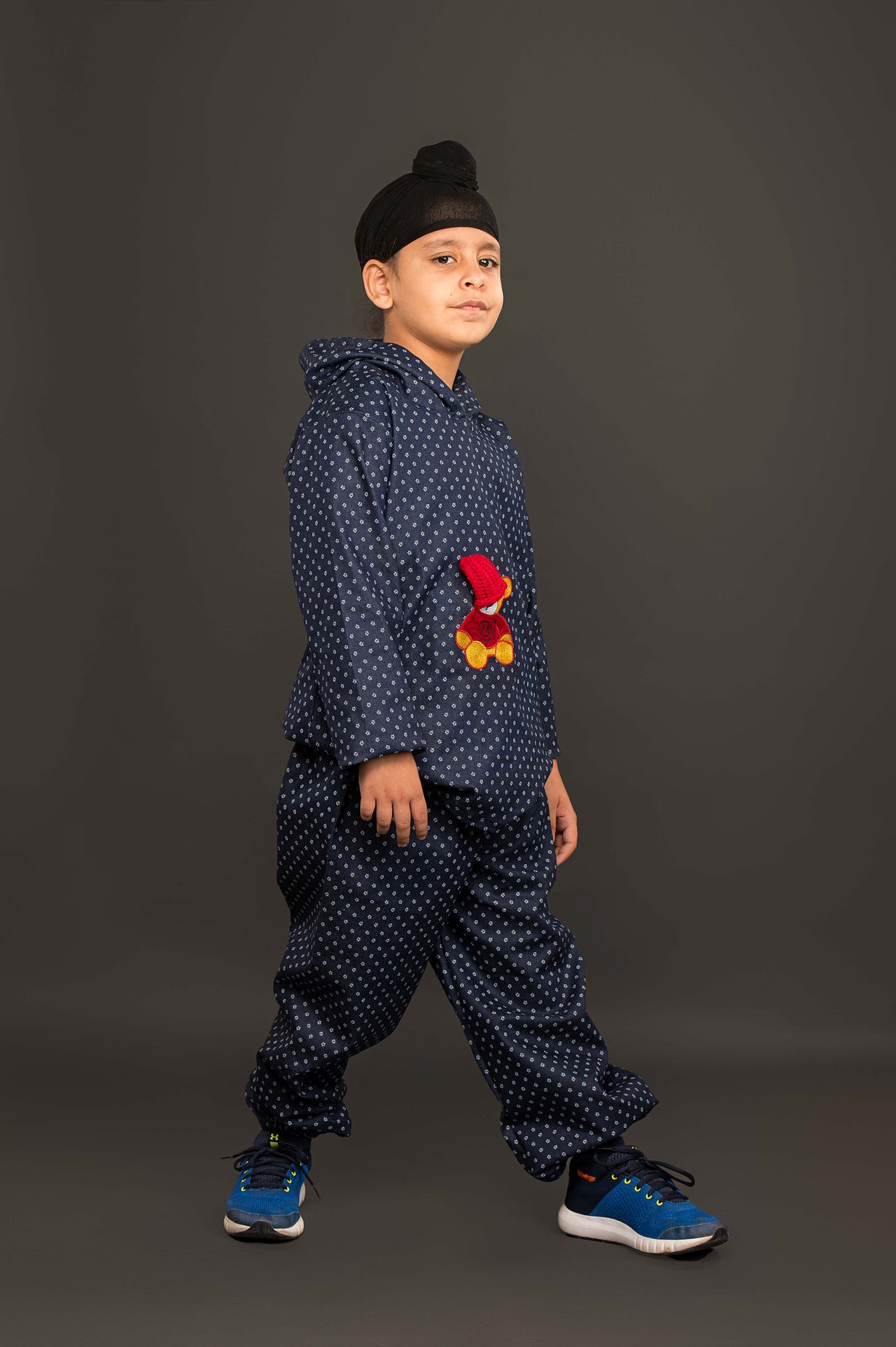 Blue Printed Laycra Denim Teddy Emroydri Unisex hoodie Co-ord Set