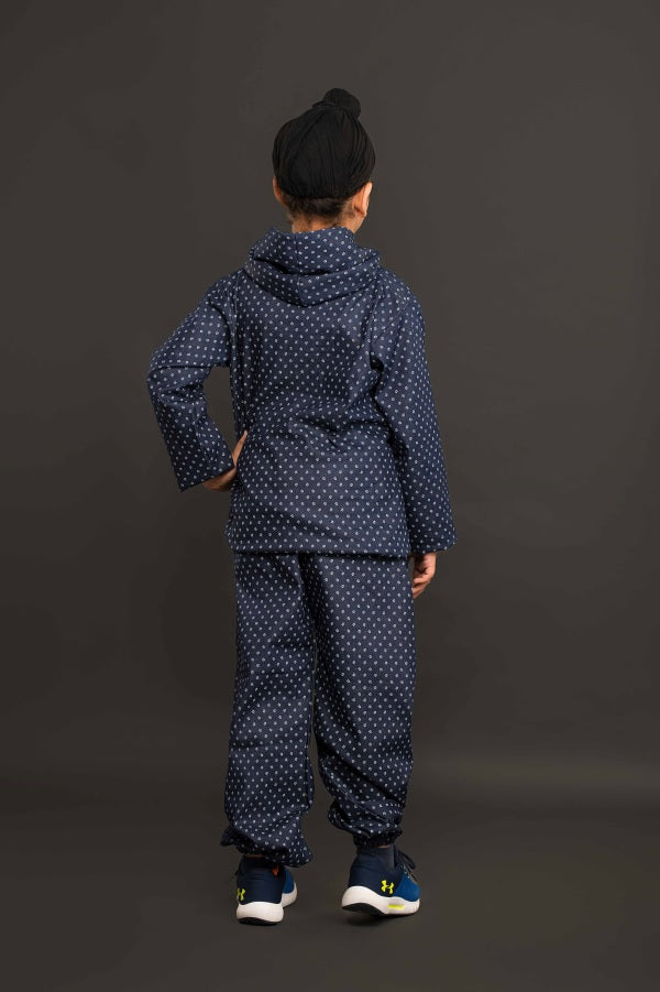 Blue Printed Laycra Denim Teddy Emroydri Unisex hoodie Co-ord Set