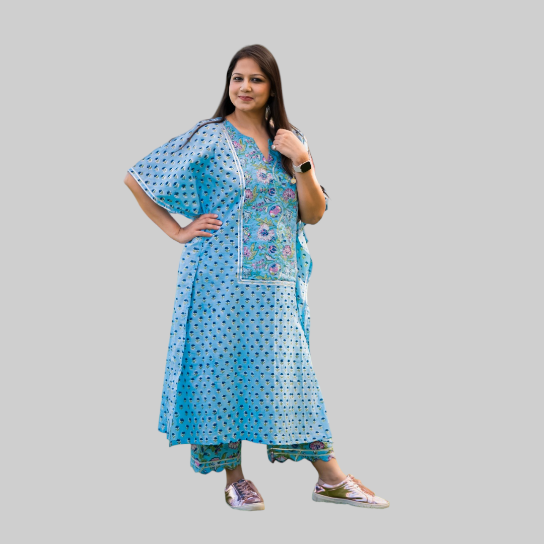 Blue Two Piece Emroidered Kaftan And Palazzo Co-ord Set For Women