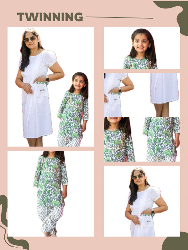 Mom & Daughter Summer Cool Green & White Cotton Hand Block Printed Twinning Set Duo