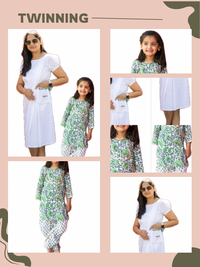 Thumbnail for Mom & Daughter Summer Cool Green & White Cotton Hand Block Printed Twinning Set Duo