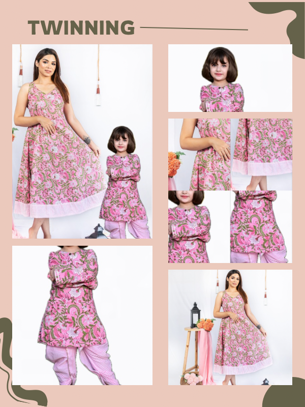 Mom & Daughter Pink Floral Cotton Hand Block Printed Twinning Set Duo