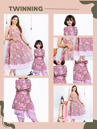 Thumbnail for Mom & Daughter Pink Floral Cotton Hand Block Printed Twinning Set Duo