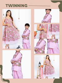 Thumbnail for Mom & Son Pink Floral Cotton Hand Block Printed Twinning Set Duo