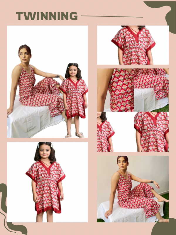 Mom & Daughter Red Floral Cotton Hand block Printed Twinning Set Duo