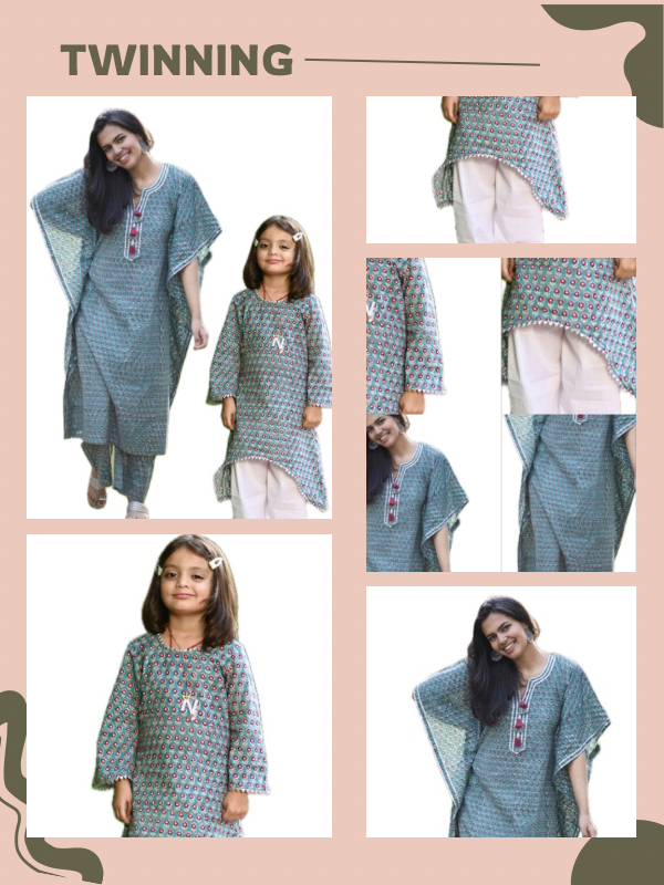 Mom & Daughter Teal Floral Cotton Hand Block Printed Twinning Set Duo