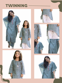 Thumbnail for Mom & Daughter Teal Floral Cotton Hand Block Printed Twinning Set Duo