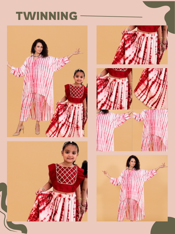 Mom & Daughter Red Shibori Cotton Hand Block Printed Twinning Set Duo