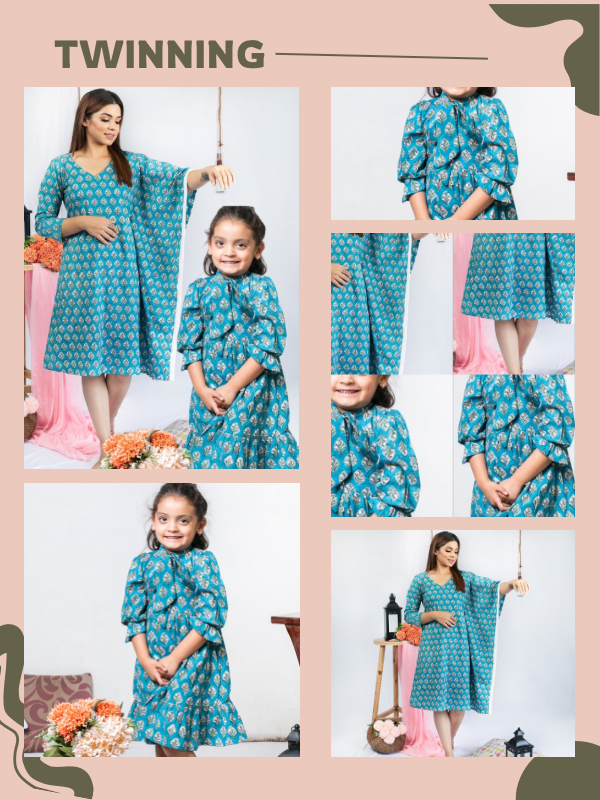 Mom & Daughter Blue Floral Cotton Hand Block Printed Twinning Set Duo